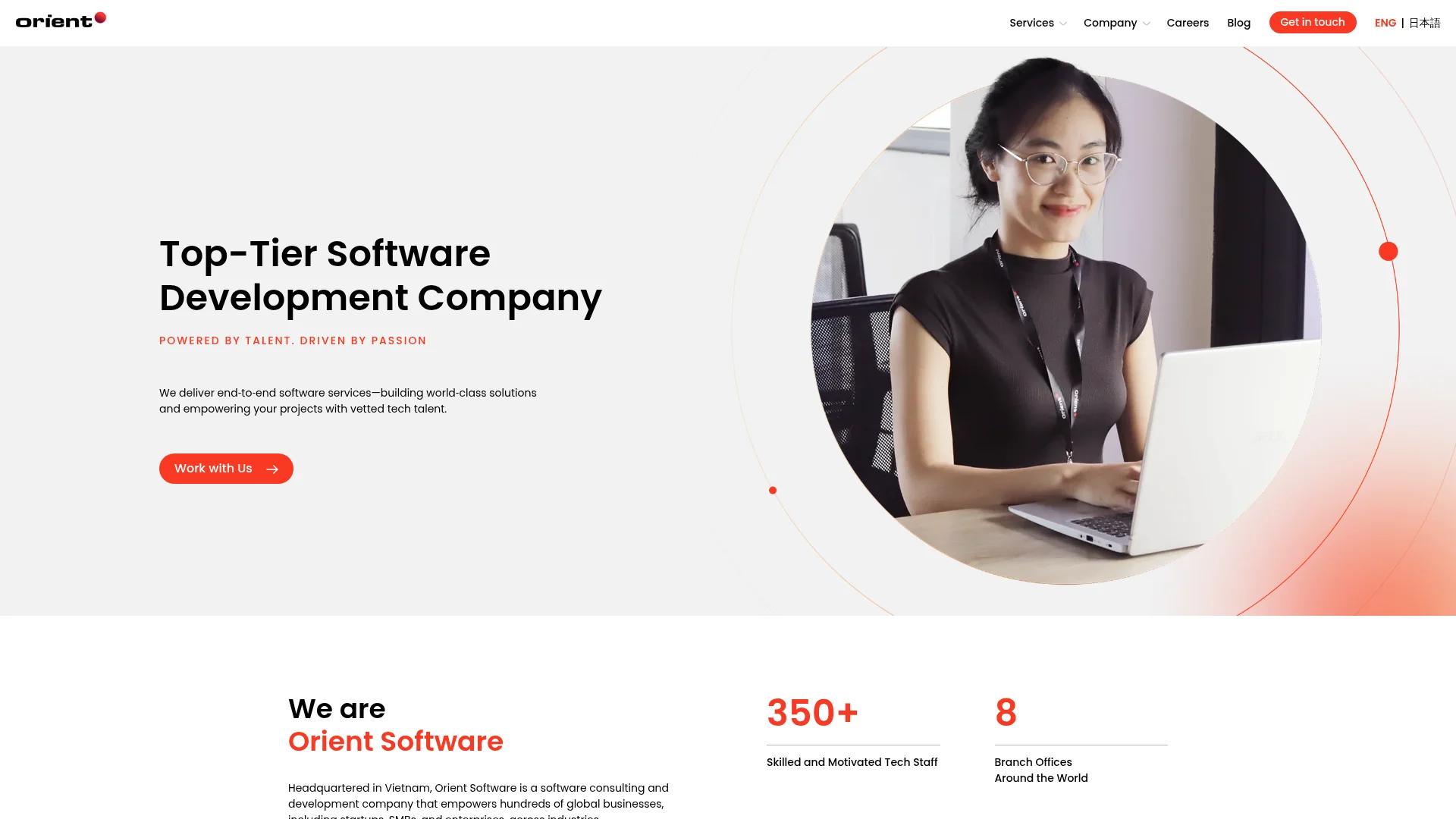 Screenshot of the Orient Software homepage: top-tier software development company
