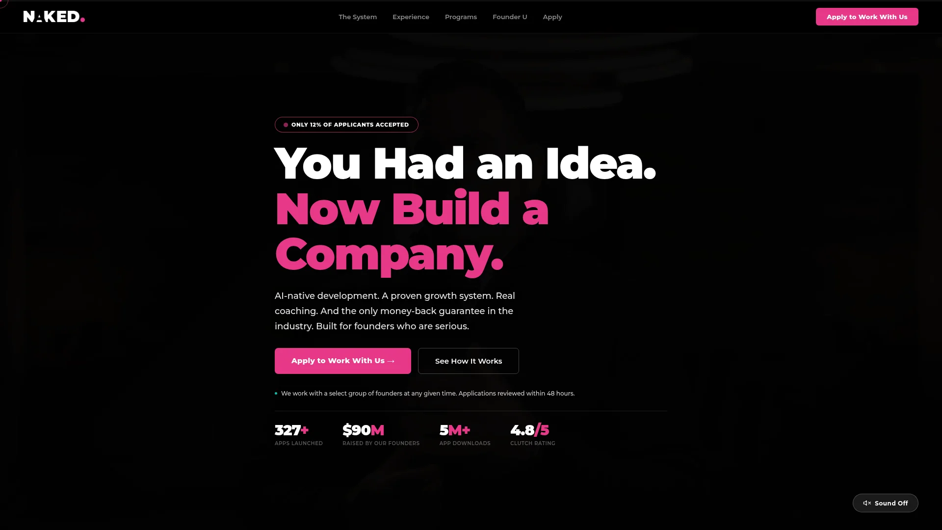 Screenshot of the Naked Development homepage: you had an idea, now build a company