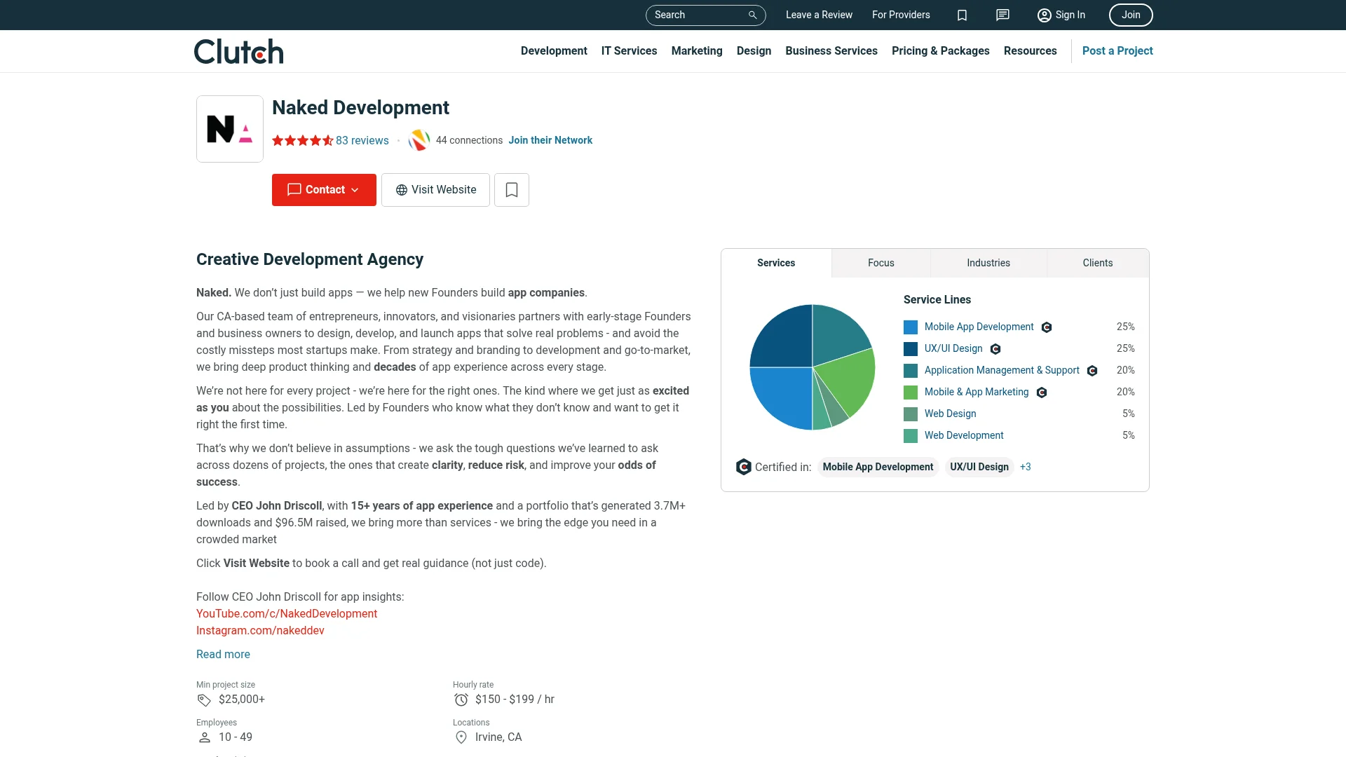 Screenshot of the Naked Development profile on Clutch with a service lines chart
