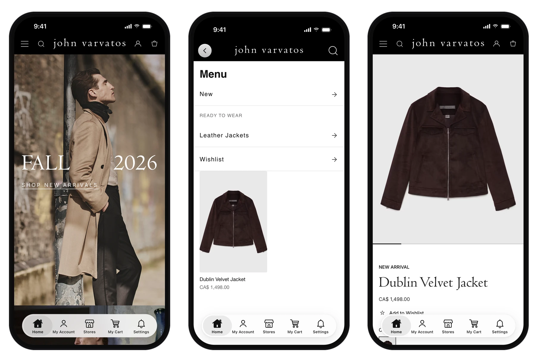 The John Varvatos shopping app on iPhones: the Fall 2026 home screen and the app menu with New, Leather Jackets and Wishlist, with the app's tab bar for Home, My Account, Stores, My Cart and Settings