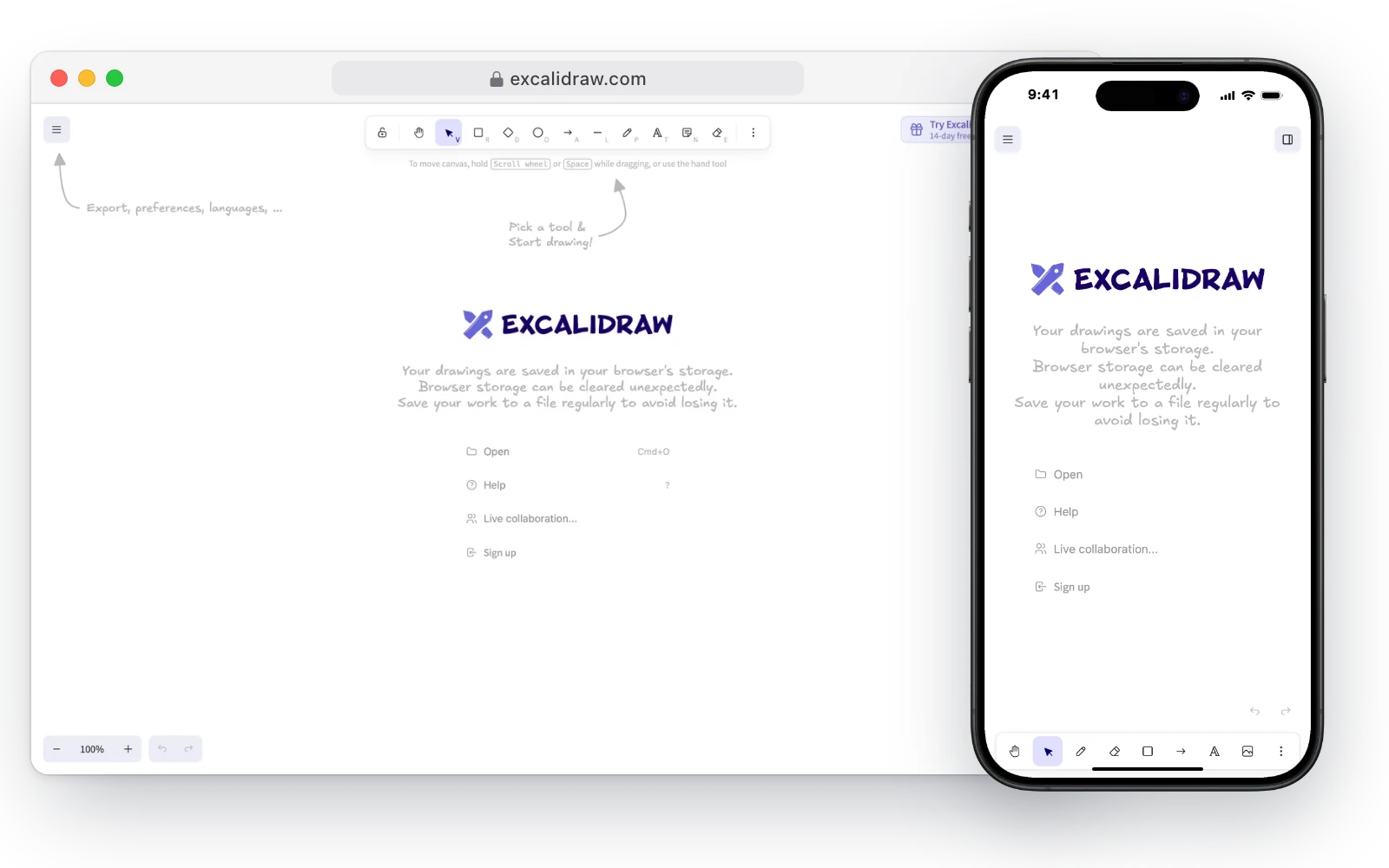 Excalidraw's whiteboard in a desktop browser and on an iPhone, with its drawing toolbar and a blank canvas