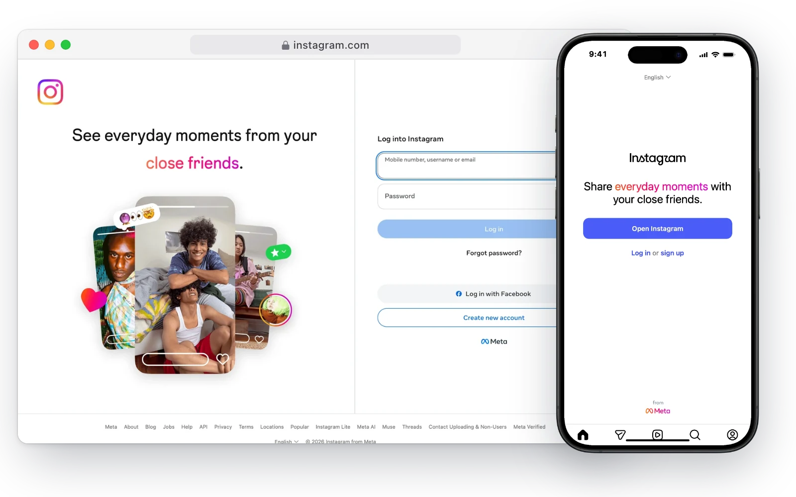 Instagram's sign-in page in a desktop browser and on an iPhone, with the line See everyday moments from your close friends