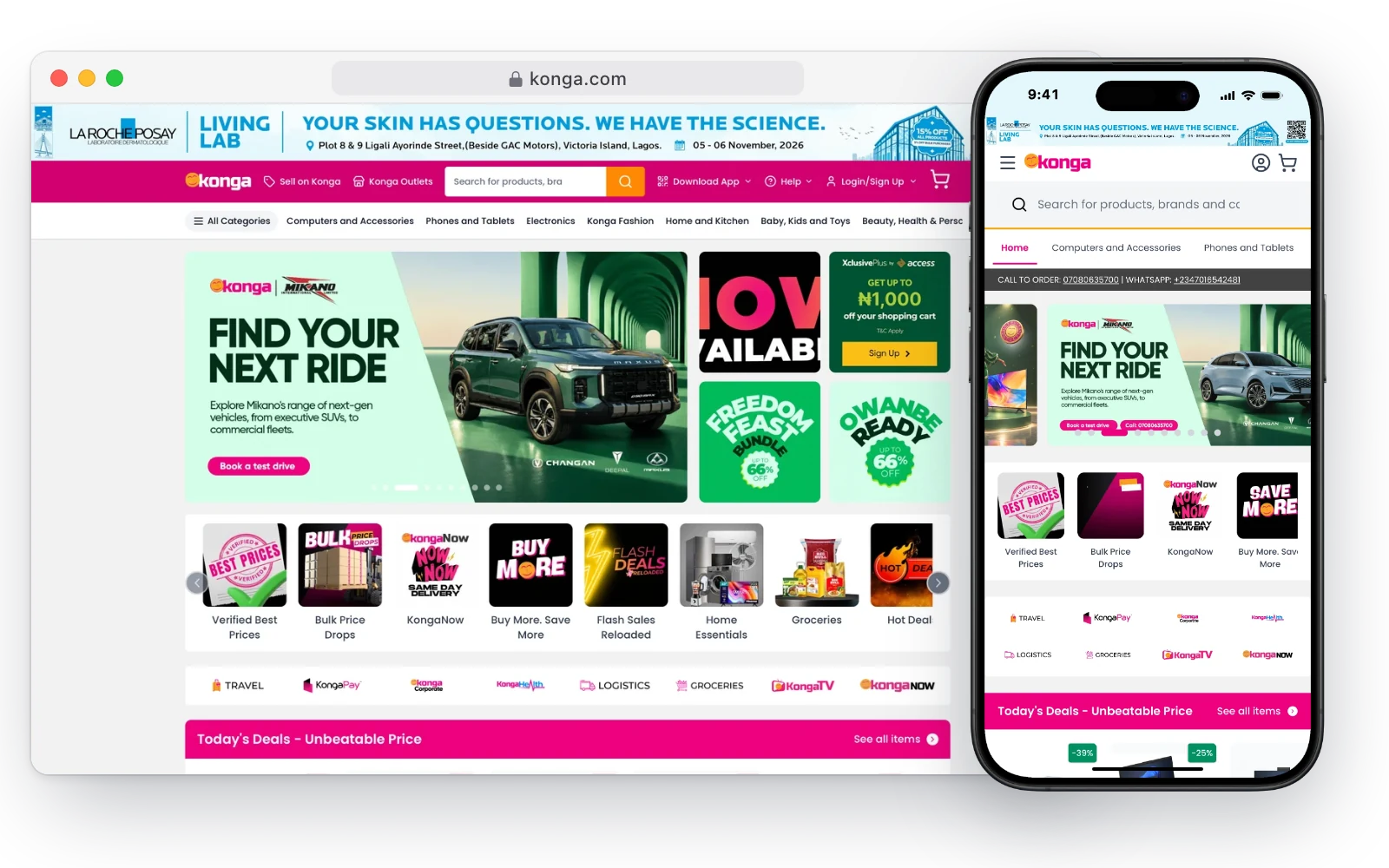 Konga's online store in a desktop browser and on an iPhone, with a car promotion banner and deal categories