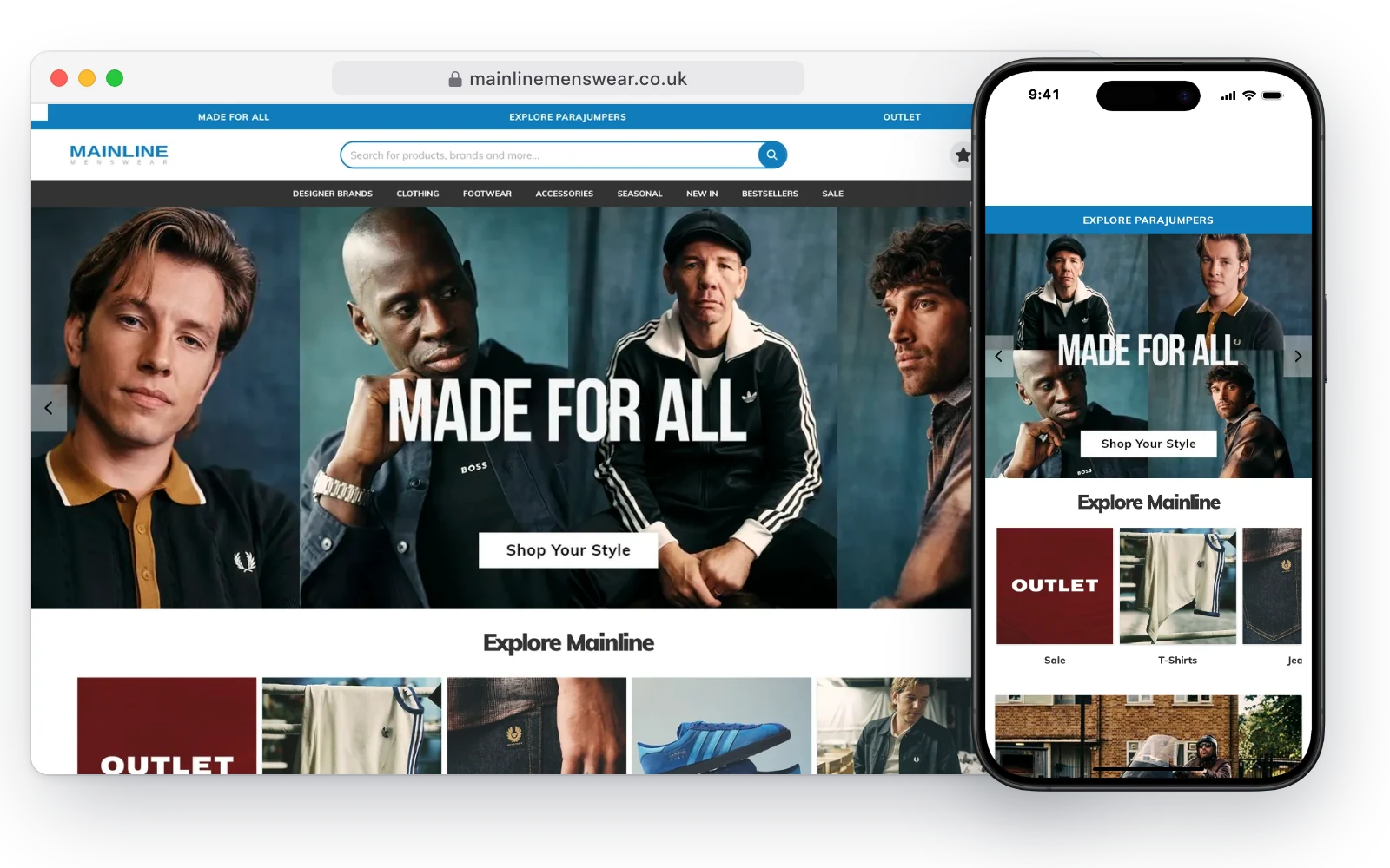 Mainline Menswear's website in a desktop browser and on an iPhone, with a Made for All banner of four men in designer clothing