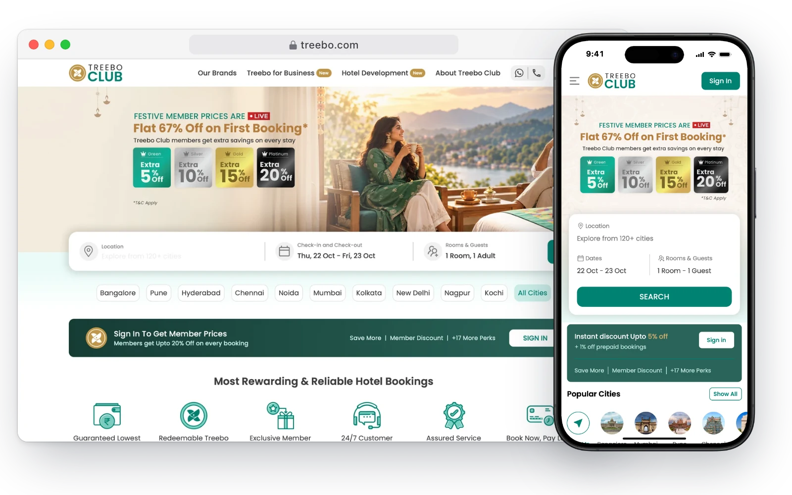 Treebo's hotel booking site in a desktop browser and on an iPhone, with a member discount offer and a hotel search box