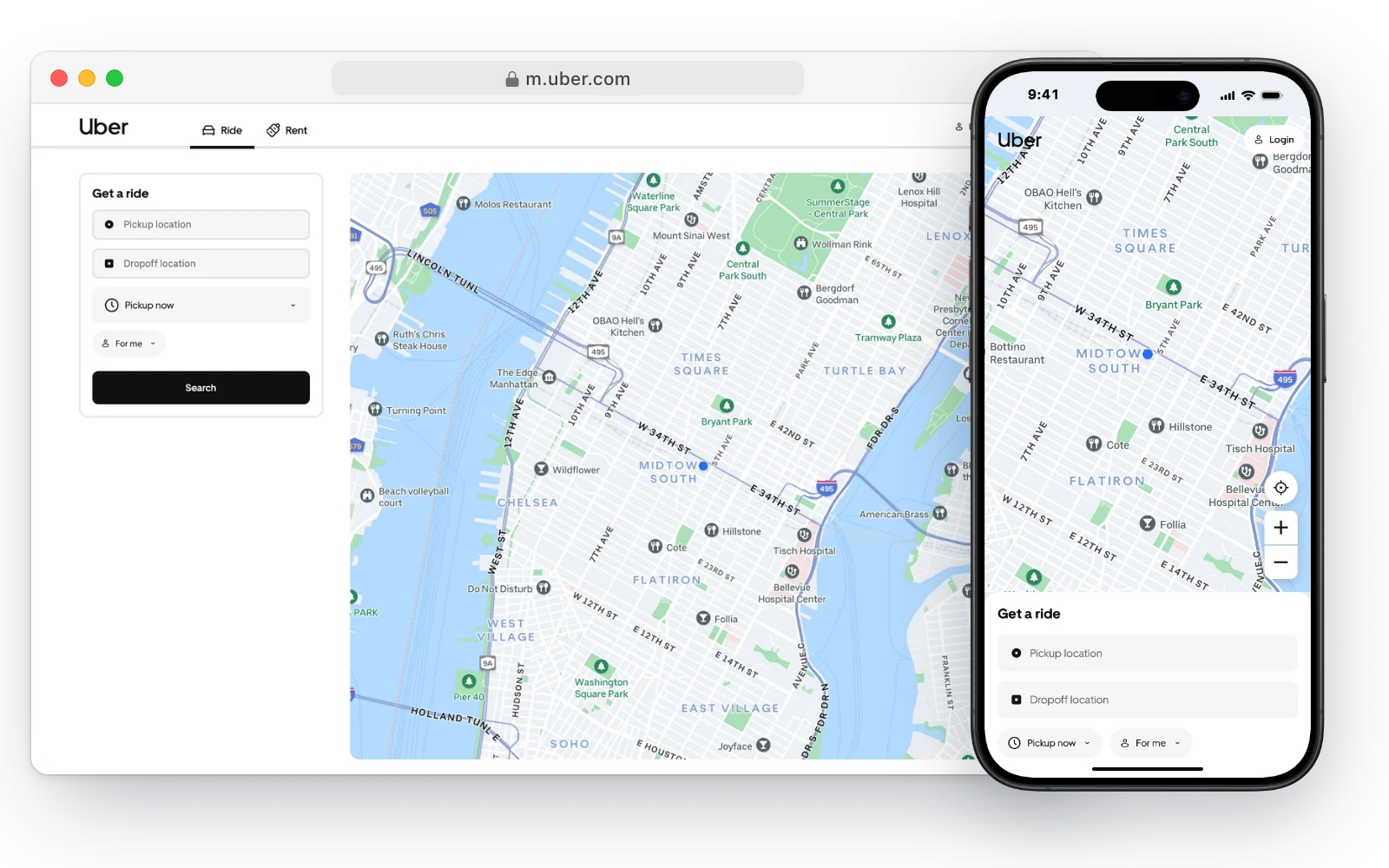 Uber's ride booking web app in a desktop browser and on an iPhone, with pickup and drop-off fields over a map of Manhattan