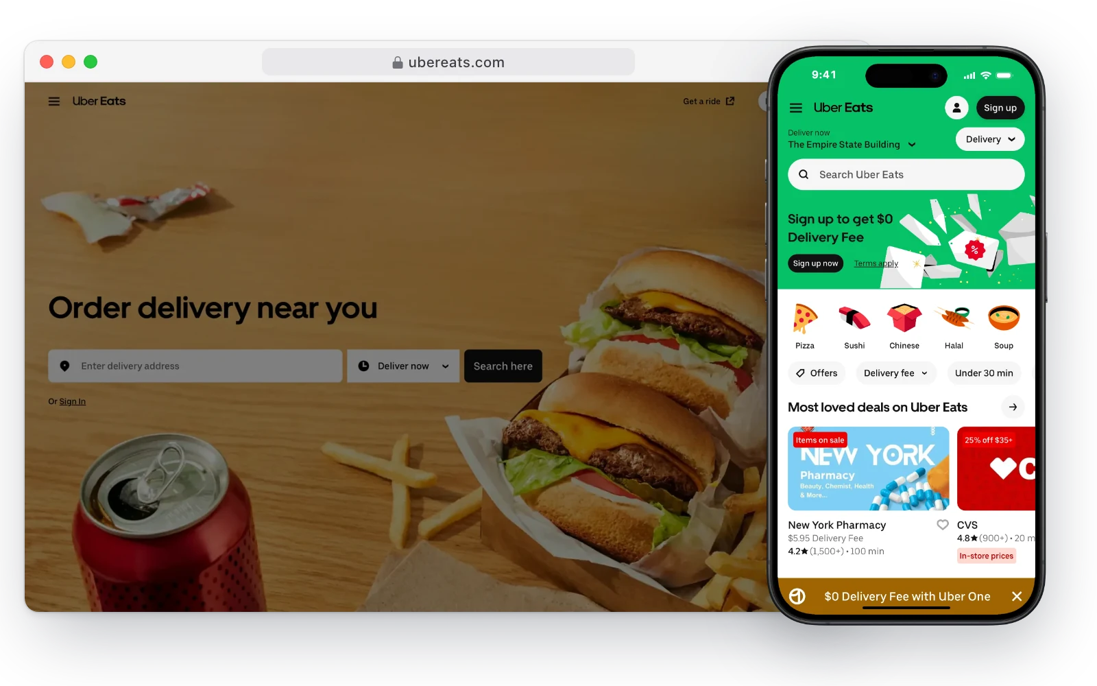 Uber Eats' website in a desktop browser and on an iPhone, with food categories and deals near the Empire State Building