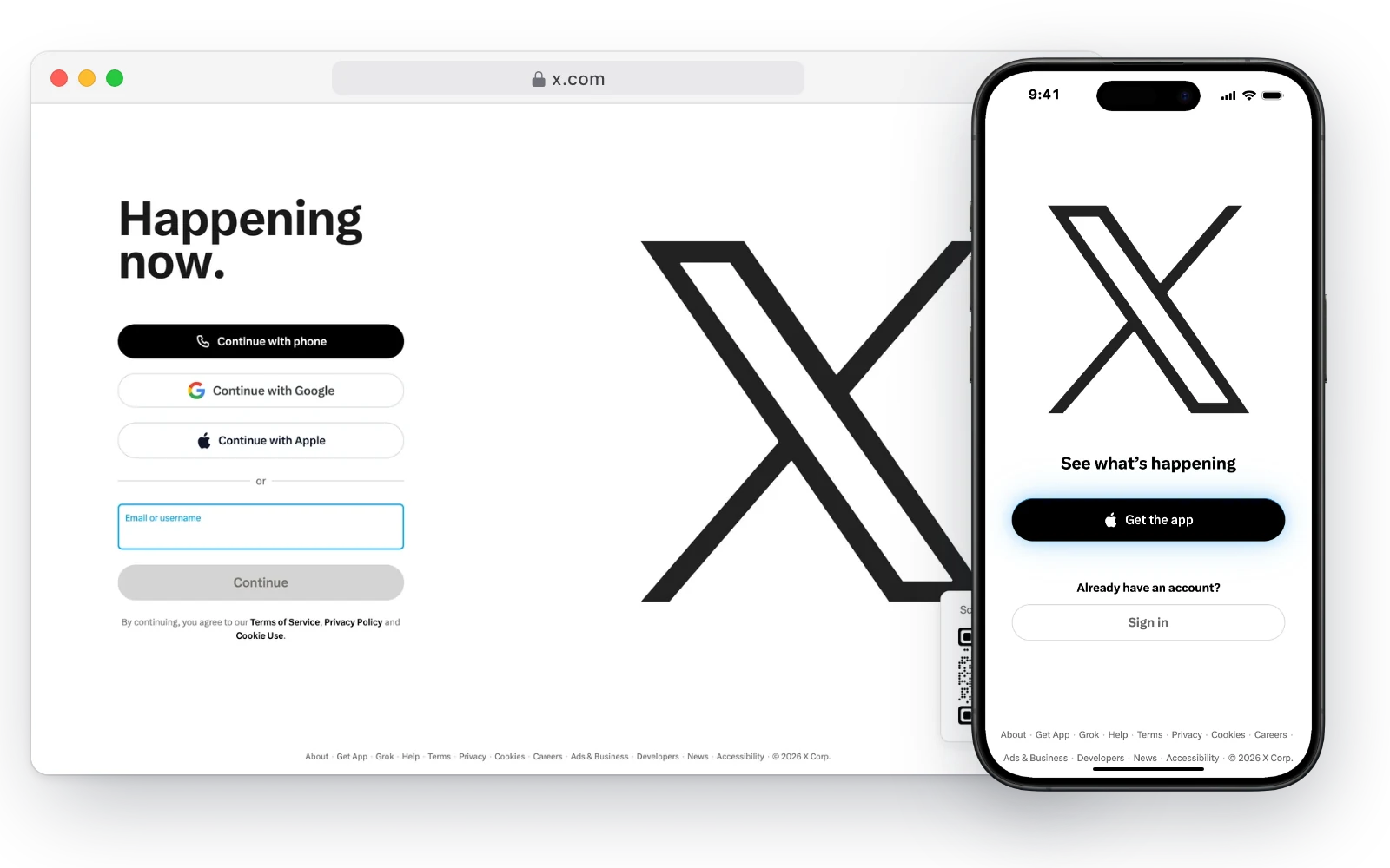 X's sign-in page in a desktop browser and on an iPhone, with the headline Happening now and the X logo