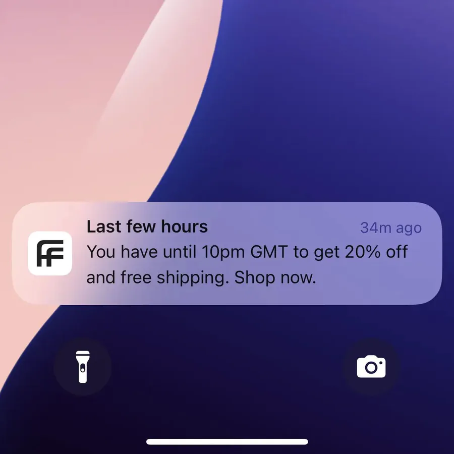 Farfetch push notification: Last few hours. You have until 10pm GMT to get 20% off and free shipping. Shop now.