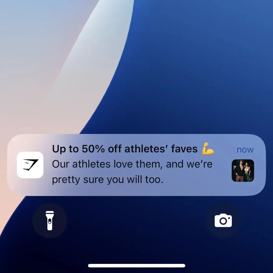 Gymshark push notification: Up to 50% off athletes' faves. Our athletes love them, and we're pretty sure you will too.