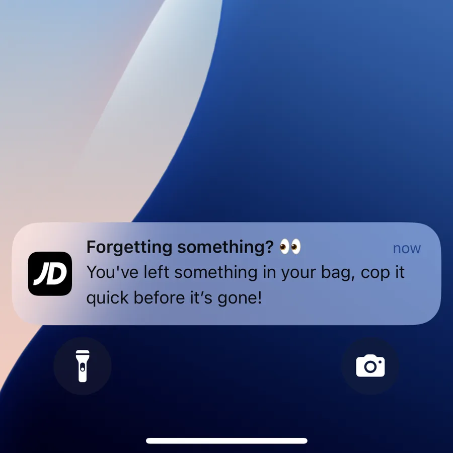 JD Sports push notification: Forgetting something? You've left something in your bag, cop it quick before it's gone!