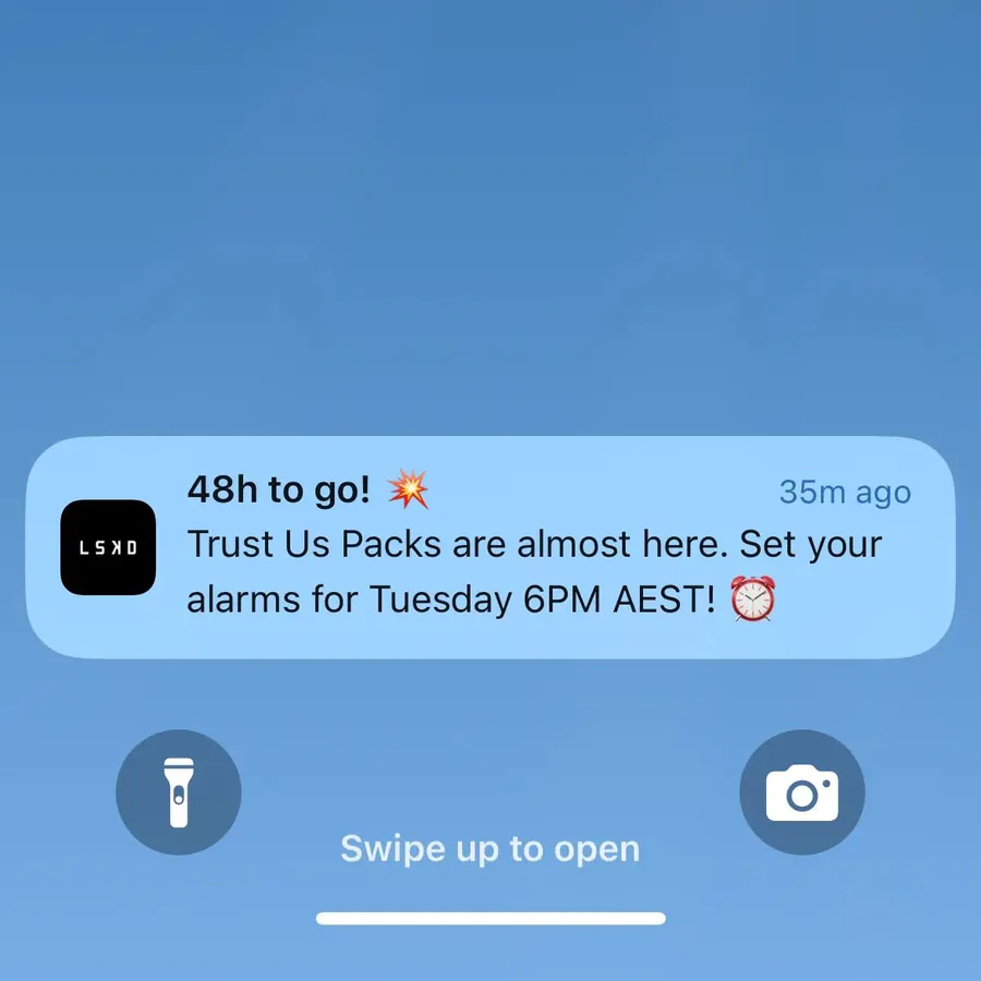 LSKD push notification: 48h to go!. Trust Us Packs are almost here. Set your alarms for Tuesday 6PM AEST!