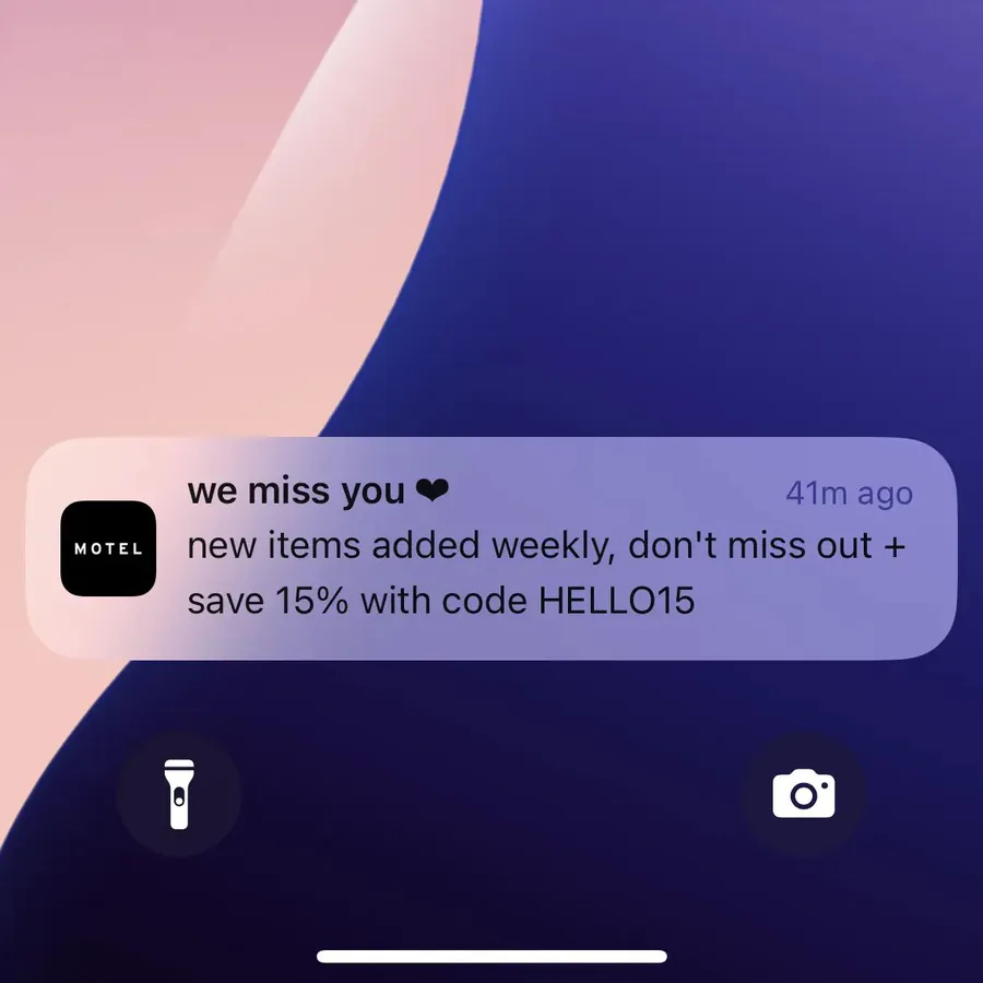Motel Rocks push notification: we miss you «. new items added weekly, don't miss out + save 15% with code HELLO15