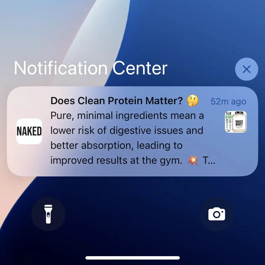 Naked Nutrition push notification: Does Clean Protein Matter?. Pure, minimal ingredients mean a lower risk of digestive issues and better absorption, leading to improved results at the gym. T...