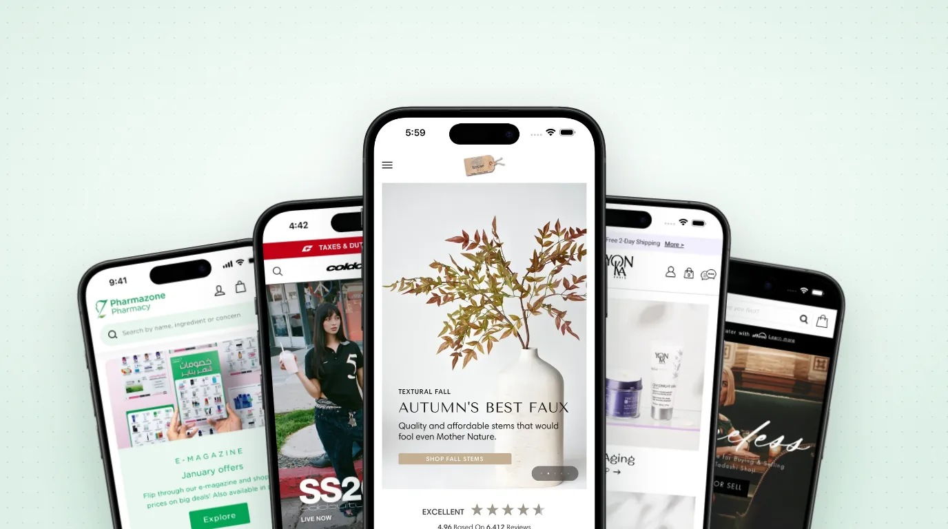 Five Shopify mobile apps built by MobiLoud: Pharmazone, Cold Culture, House Floral, Yon-Ka Paris and Tadashi Shoji