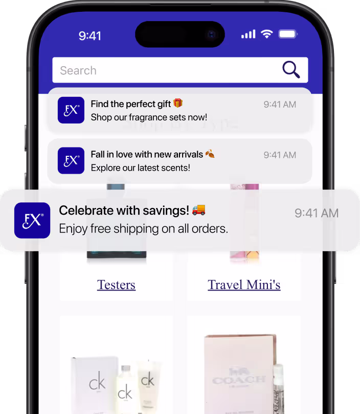 A phone running a brand's app, with push notification banners layered over the screen: a gift guide, a new arrivals alert and a free shipping offer.