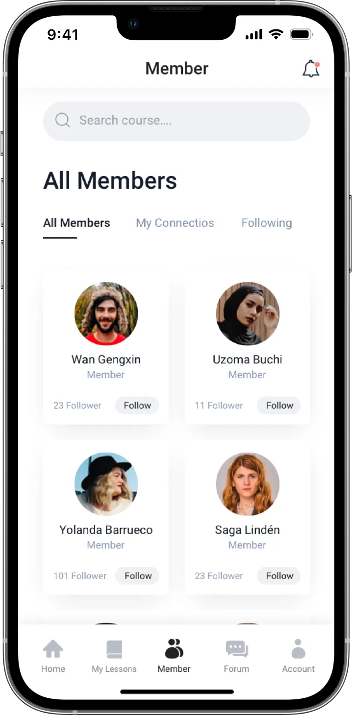 A view of all member profiles within an online community app