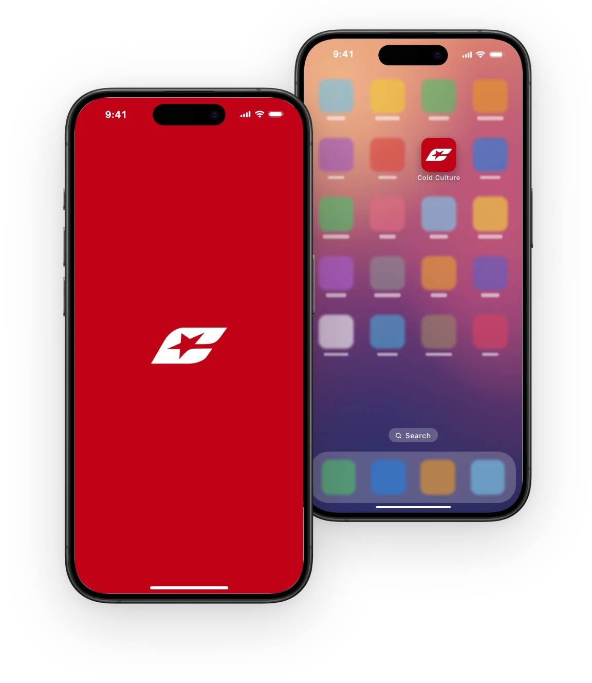 An iPhone home screen with the Cold Culture app icon, next to the app’s red splash screen with the Cold Culture logo.