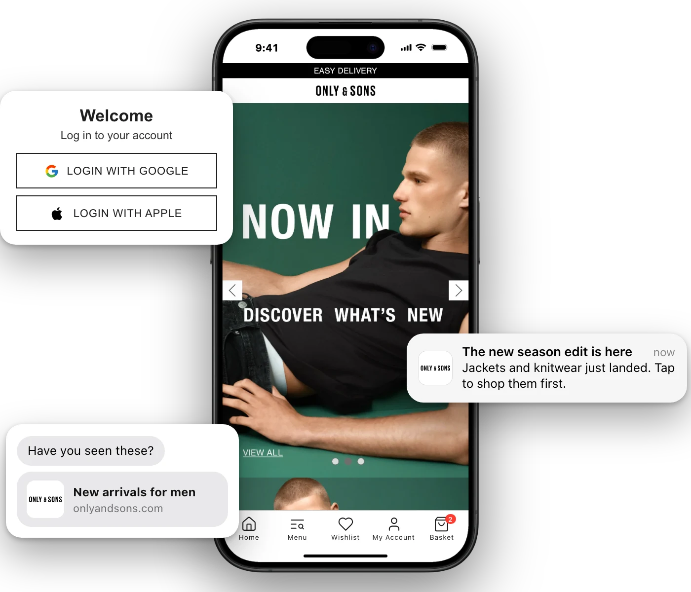 The ONLY & SONS app on an iPhone with its native tab bar, next to a push notification, sign-in options for Google and Apple, and a shared link to the store.