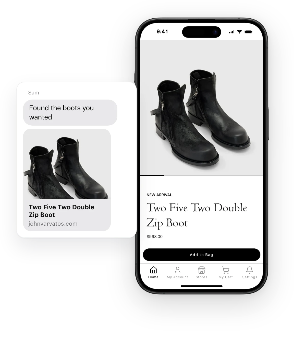 A Messages conversation with a link to a John Varvatos boot, next to the John Varvatos app open on that product page.