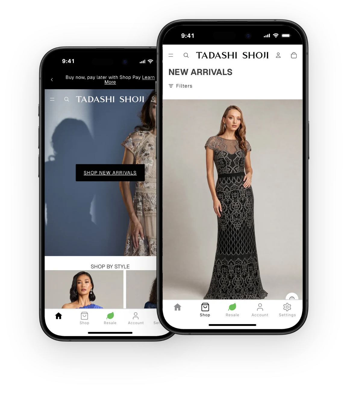 Tadashi Shoji’s app on two iPhones, on the Home tab and on the Shop tab showing new arrivals, with the app’s native tab bar at the bottom.