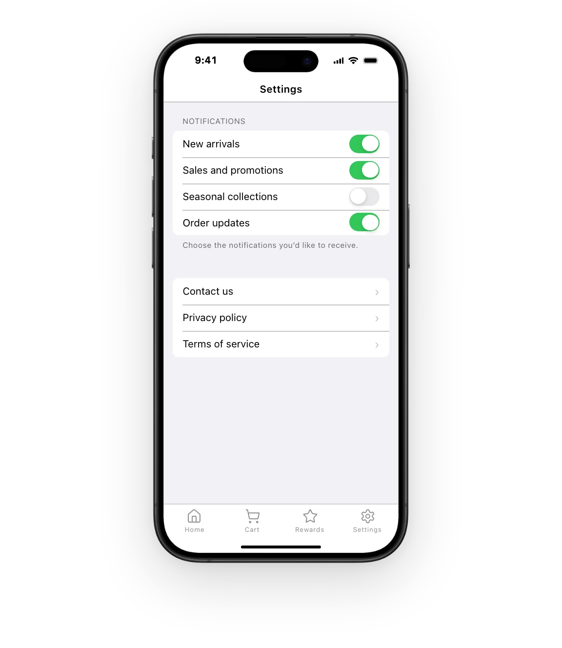 The settings screen in the House Floral app, with switches for new arrivals, sales and promotions, seasonal collections and order updates.