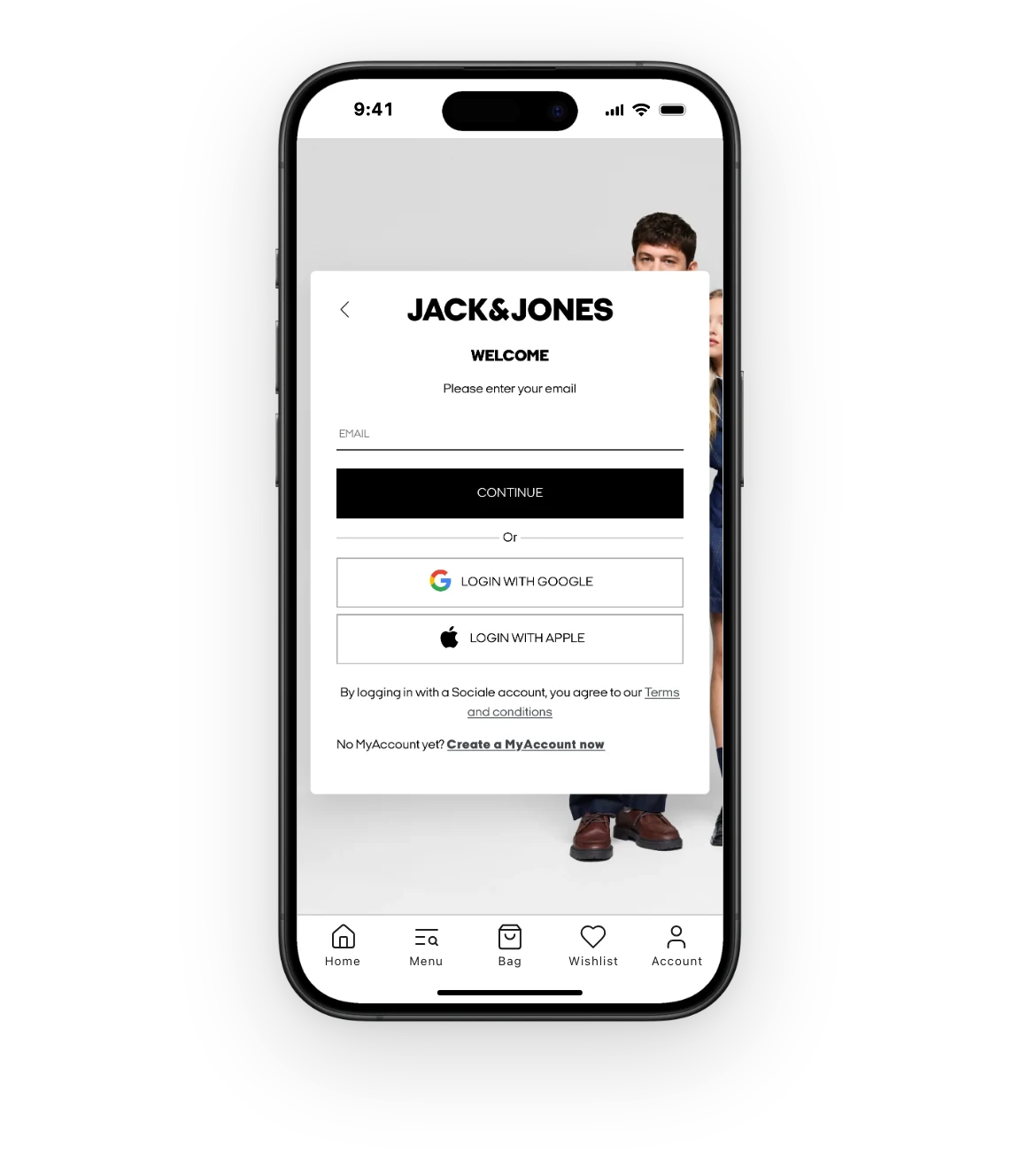The Jack & Jones app on its sign-in page, with options to log in with Google or Apple.