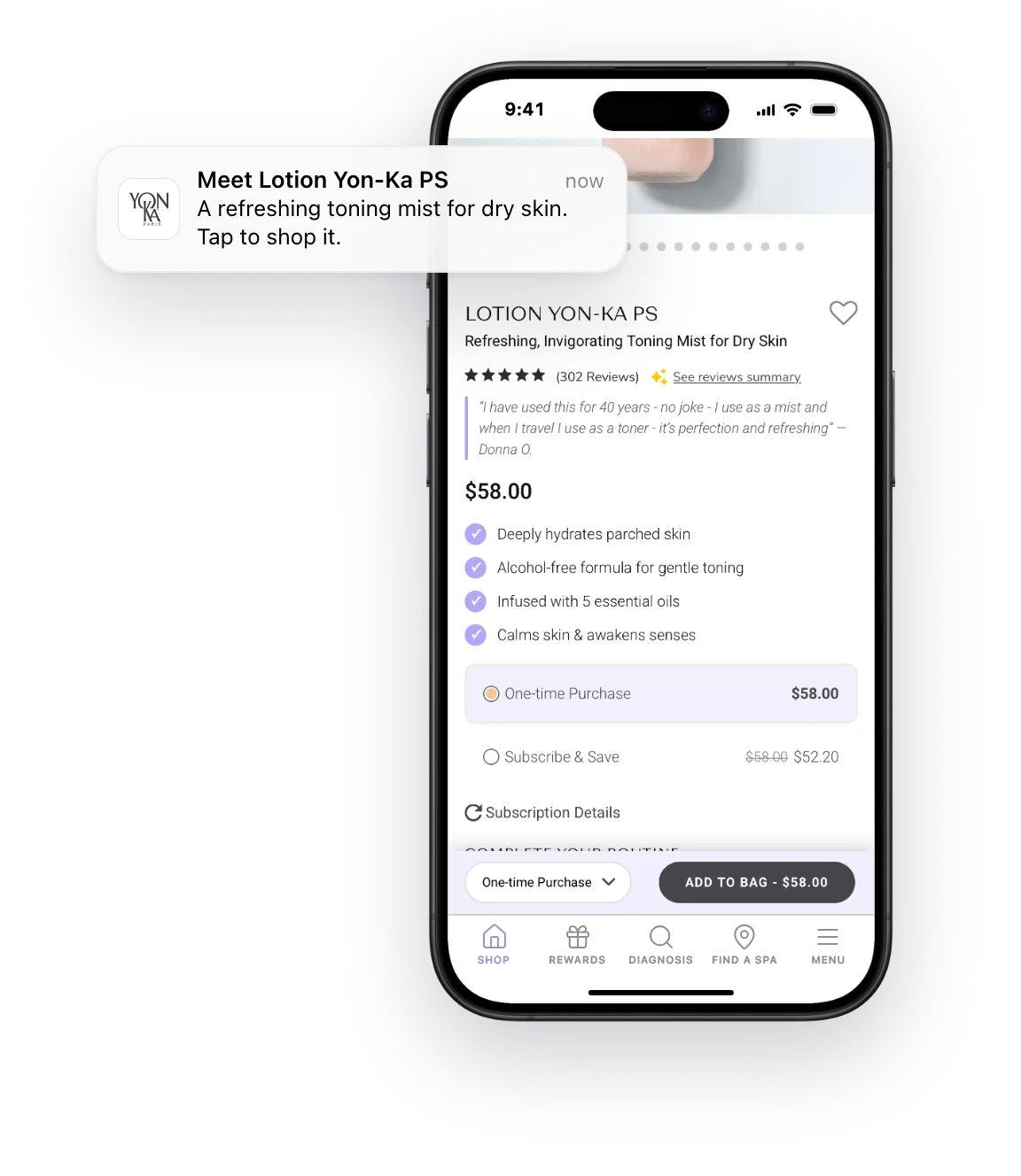 A push notification from Yon-Ka Paris about Lotion Yon-Ka PS, with the product page it opens in the Yon-Ka app.