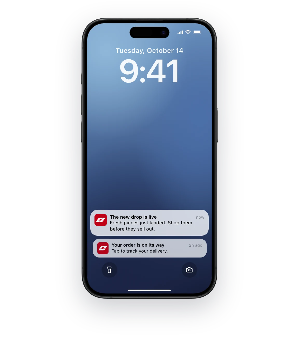 An iPhone lock screen with two notifications from the Cold Culture app: “The new drop is live” and “Your order is on its way”.