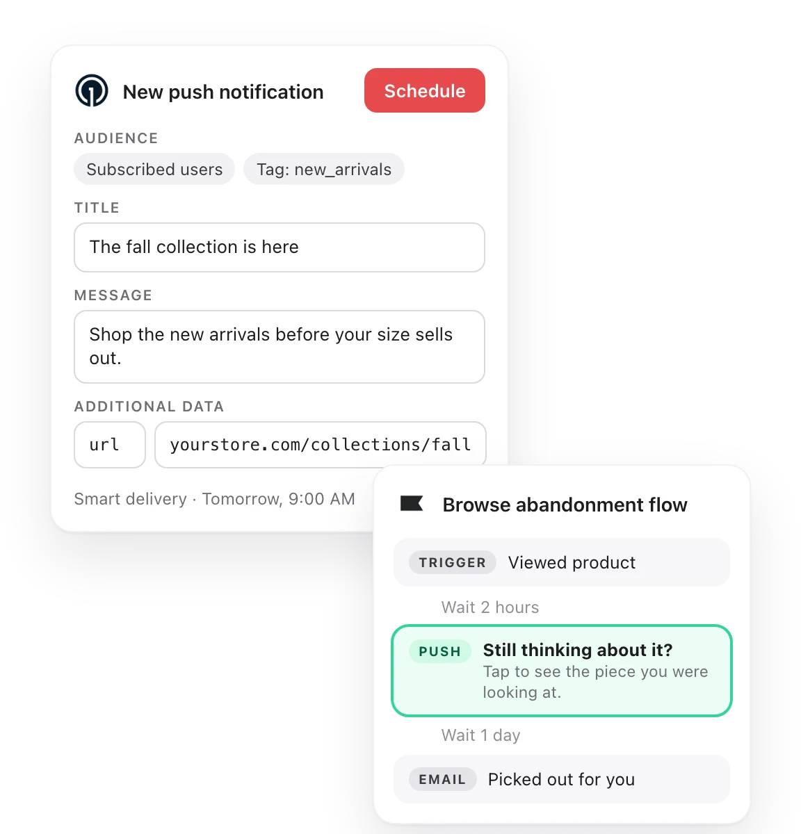A OneSignal push composer with an audience, title, message and a link to a collection page, and a Klaviyo browse abandonment flow with a push step.