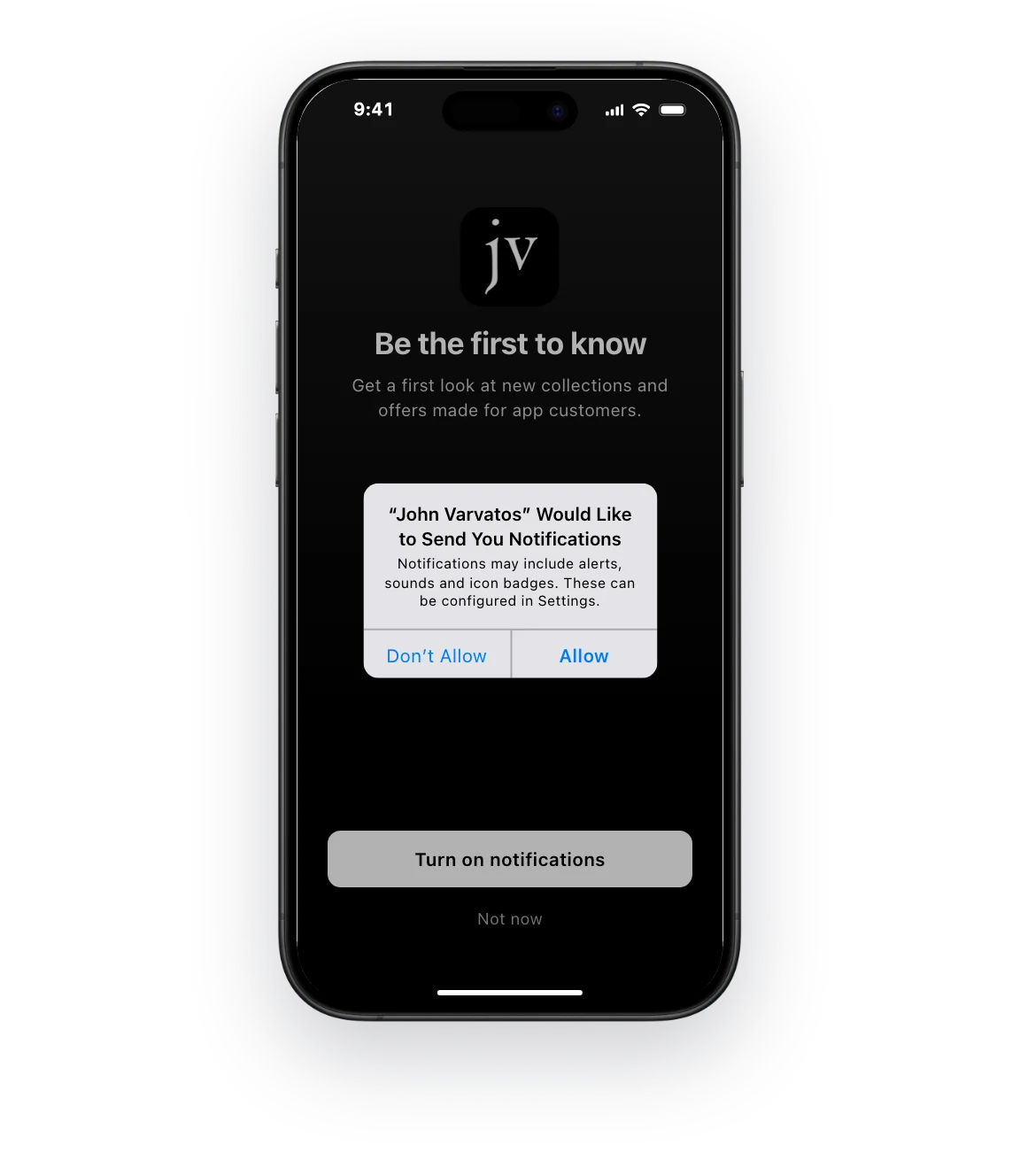 A welcome screen in the John Varvatos app with a “Turn on notifications” button, and the iPhone prompt asking to allow notifications.