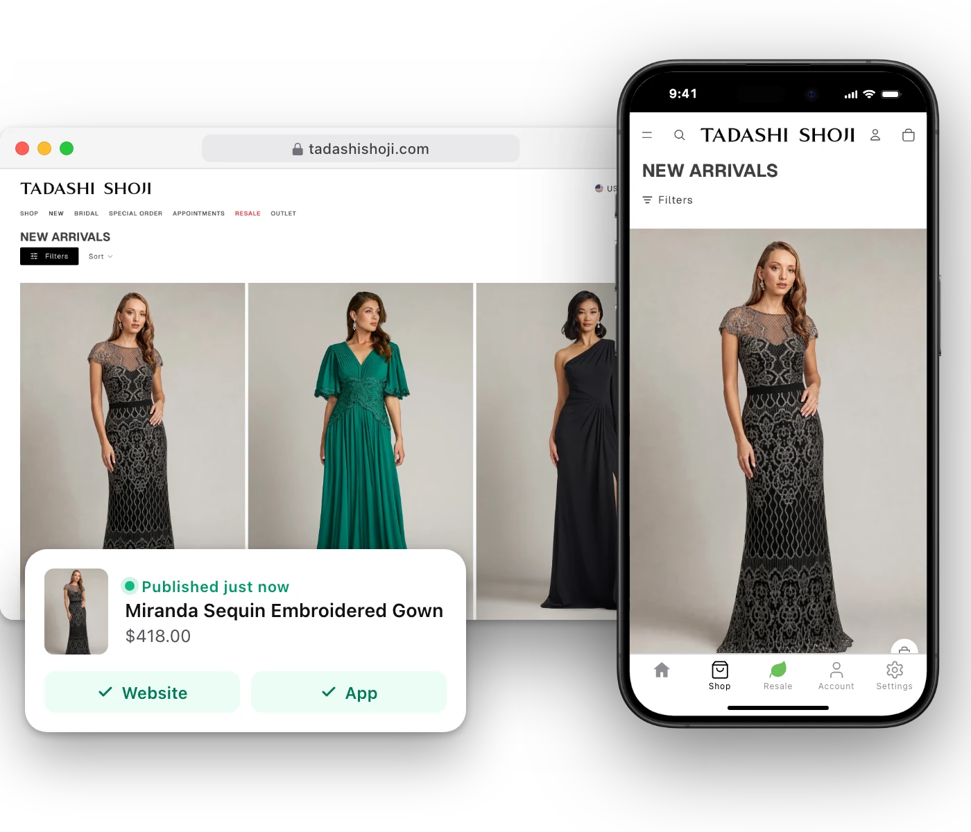 Tadashi Shoji’s new arrivals on its website and in its iPhone app, with the same gown first in both, and a card showing the Miranda Sequin Embroidered Gown published to the website and the app.