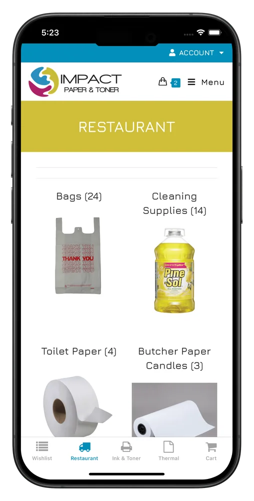Impact Wholesale's mobile app, with restaurant supplies by category