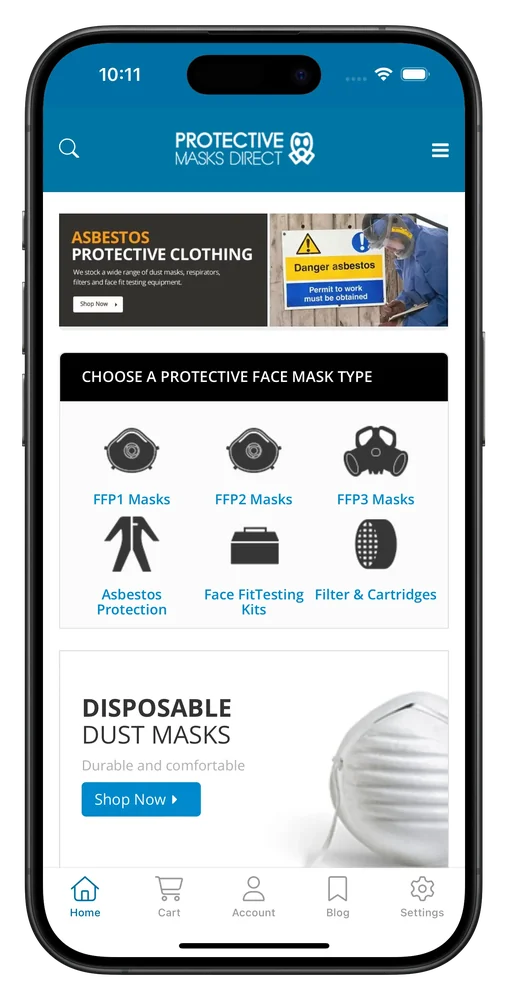 Protective Masks Direct's mobile app home screen, with protective clothing and dust masks