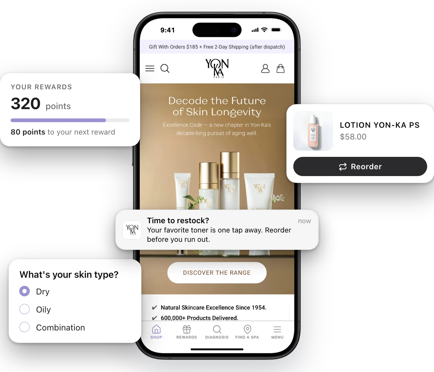 Yon-Ka Paris's mobile app home screen with a restock push notification, a loyalty points balance, a reorder card for Lotion Yon-Ka PS and a skin type quiz