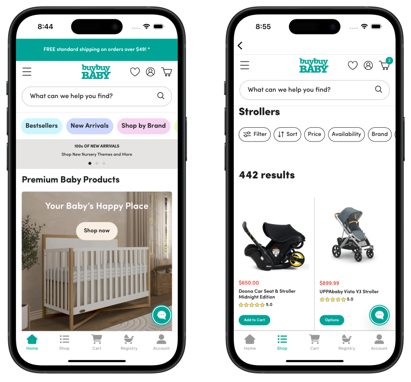 Two screens from buybuy BABY's mobile app, the home page and a stroller listing, with a saved item and an added-to-cart confirmation