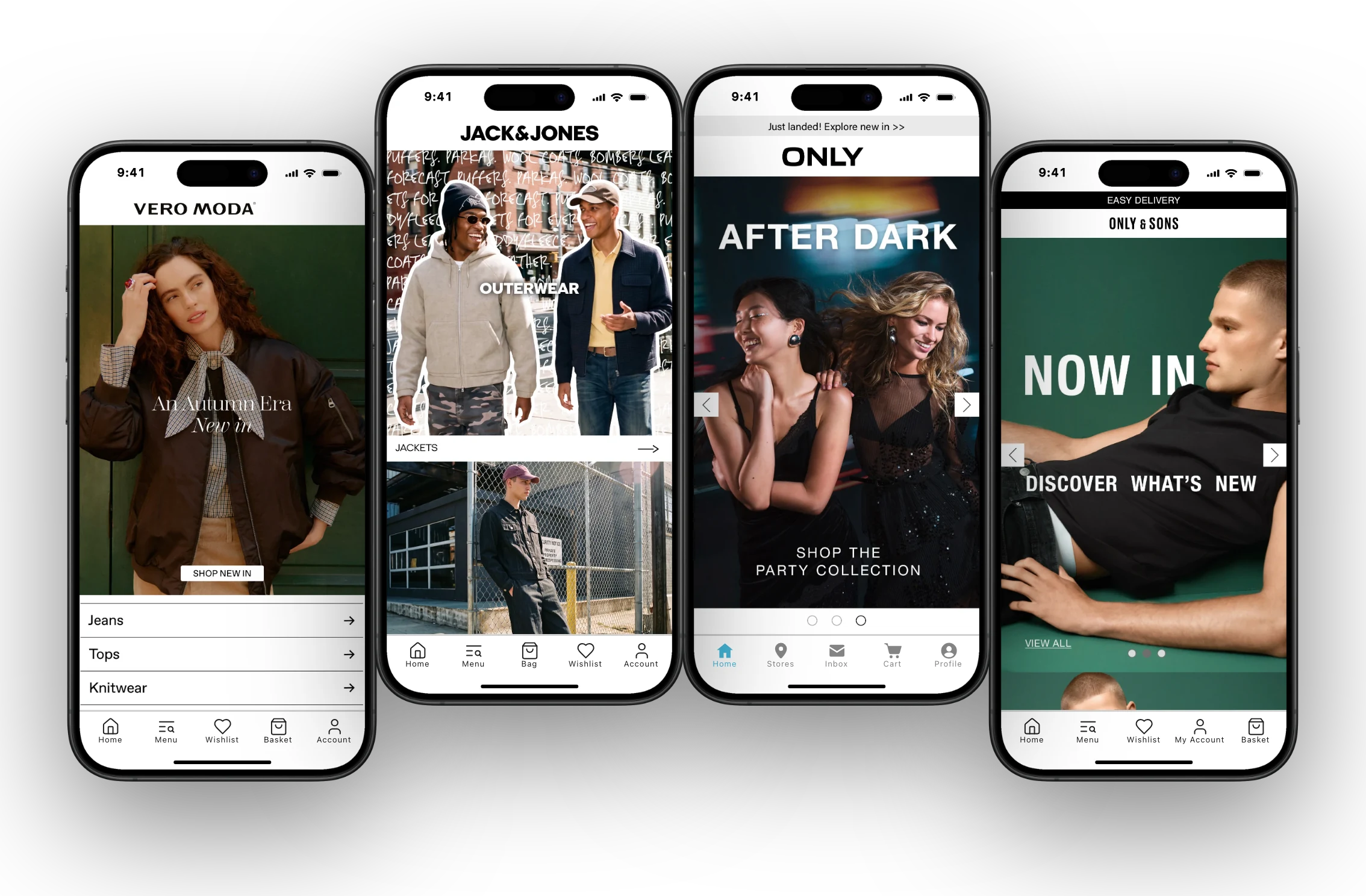 The Vero Moda, Jack & Jones, ONLY and Only & Sons apps on four iPhones, each with its own native tab bar
