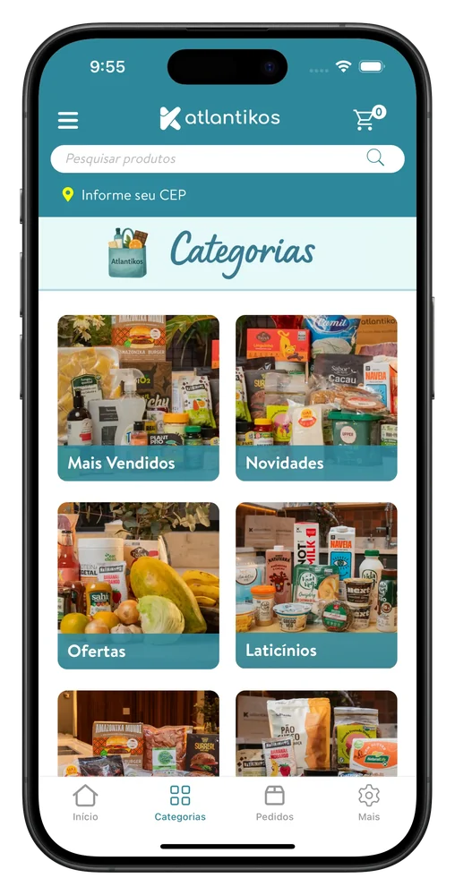Atlantikos's app, with categories of vegan and sustainable products