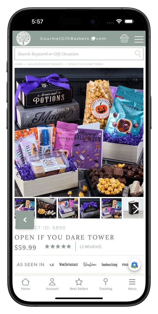 Gourmet Gift Baskets' app, with a gourmet gift basket