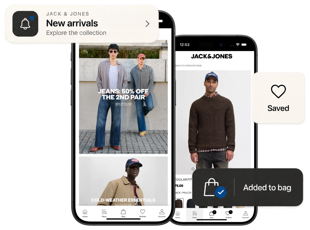Two screens from Jack & Jones's mobile app, the home screen and a product page, with a new arrivals push notification, a saved item and an added-to-bag confirmation