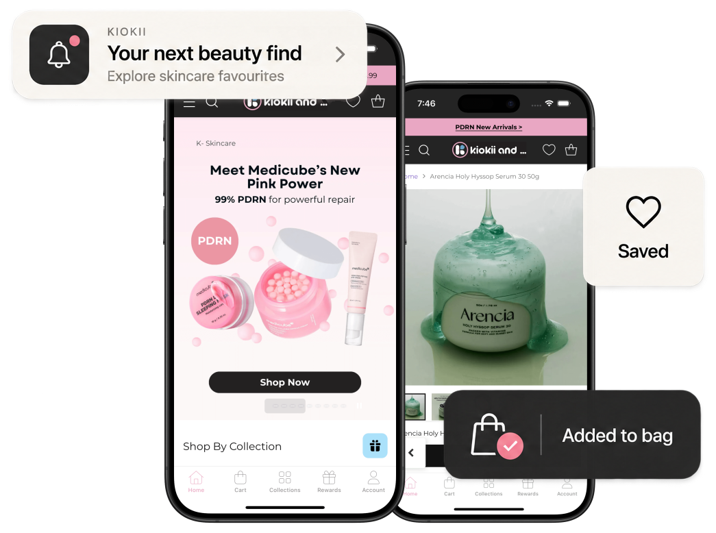 Two screens from Kiokii's mobile app, the home screen and a product page, with a push notification, a saved item and an added-to-bag confirmation