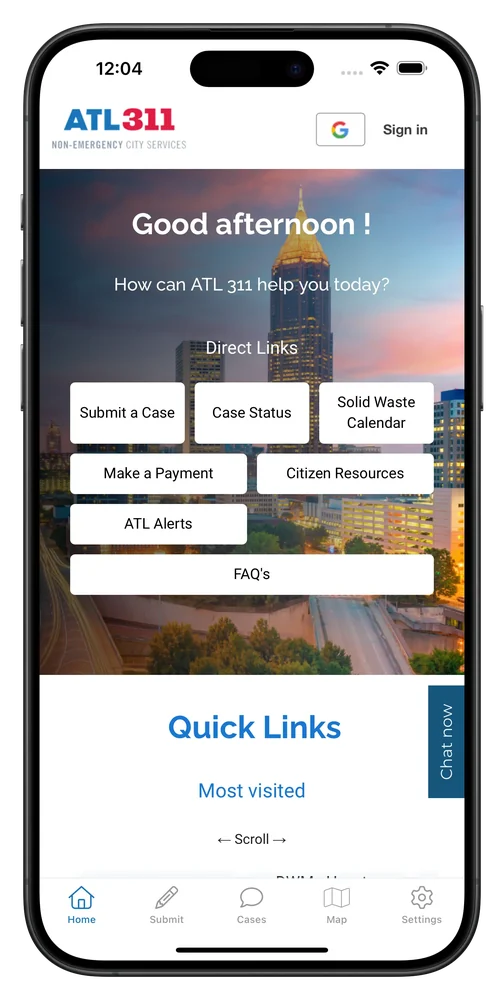 ATL311, Atlanta's city services app, with quick links to service requests