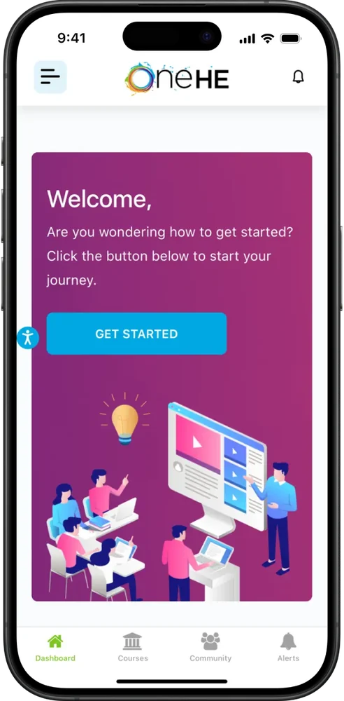 OneHE's app, with its welcome screen for educators