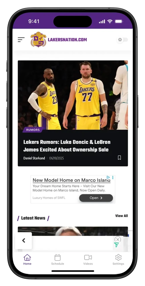 Lakers Nation's app, with the latest Lakers news and a display ad