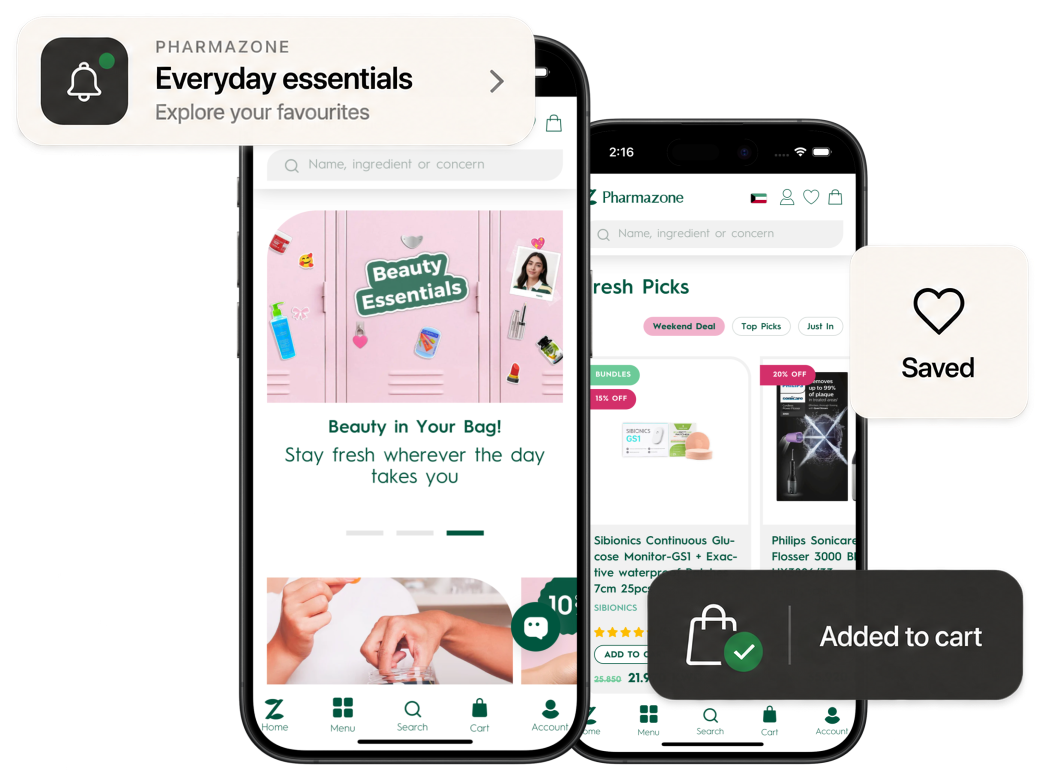 Two screens from Pharmazone's mobile app, the home screen and a product list, with an everyday essentials push notification, a saved item and an added-to-cart confirmation