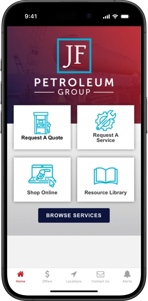 JF Petroleum Group's app, with quotes, service requests and its online shop