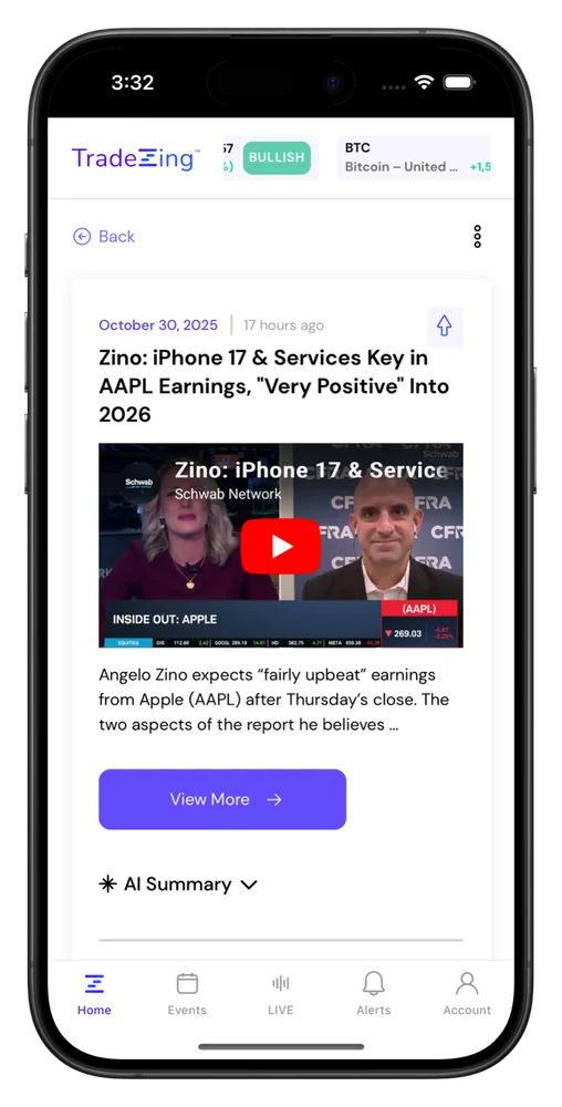 TradeZing's app, with market news and videos for traders