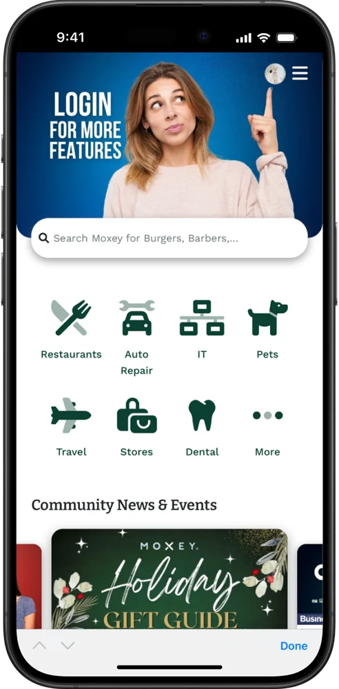 Moxey's mobile app, with the categories on its business trade network