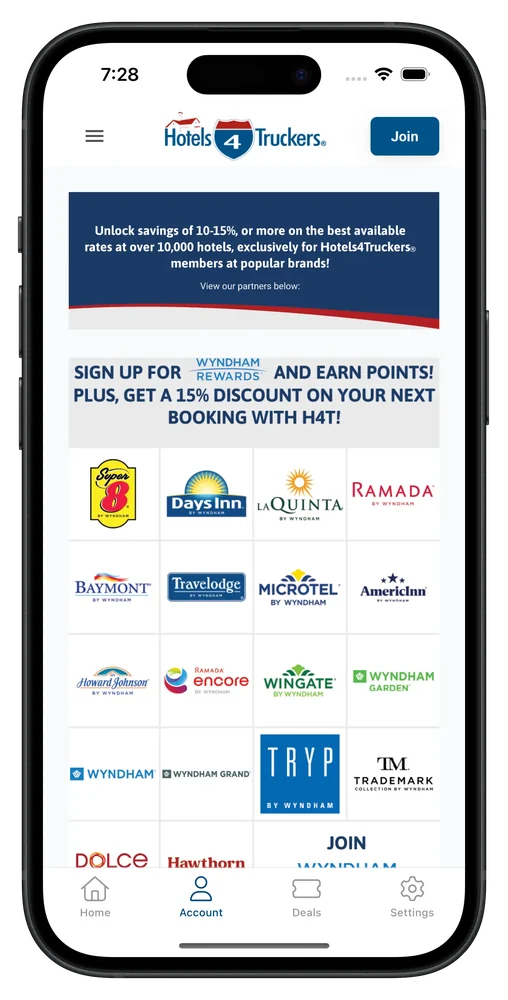 The Hotels4Truckers app, with hotel deals for truck drivers
