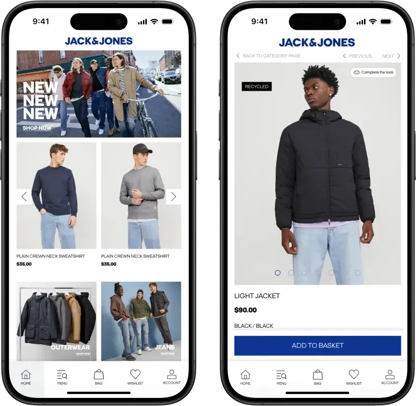 Two screens of the Jack & Jones app built by MobiLoud: the home screen with a new arrivals banner and sweatshirts, and a product page for a light jacket with an Add to Basket button